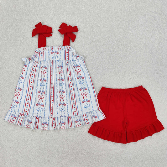 GSSO1786 Baby Girls 4th Of July Flag Bow Tunic Ruffle Shorts Clothes Sets D 3.14