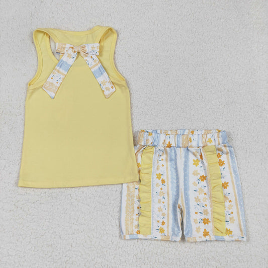 GSSO1788 Baby Girls Yellow Vest Shirt Flowers Shorts Clothes Sets