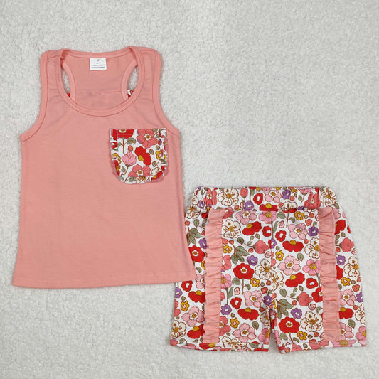 GSSO1793  Baby Girls Pink Vest Shirt Flowers Shorts Clothes Sets  D 3.3