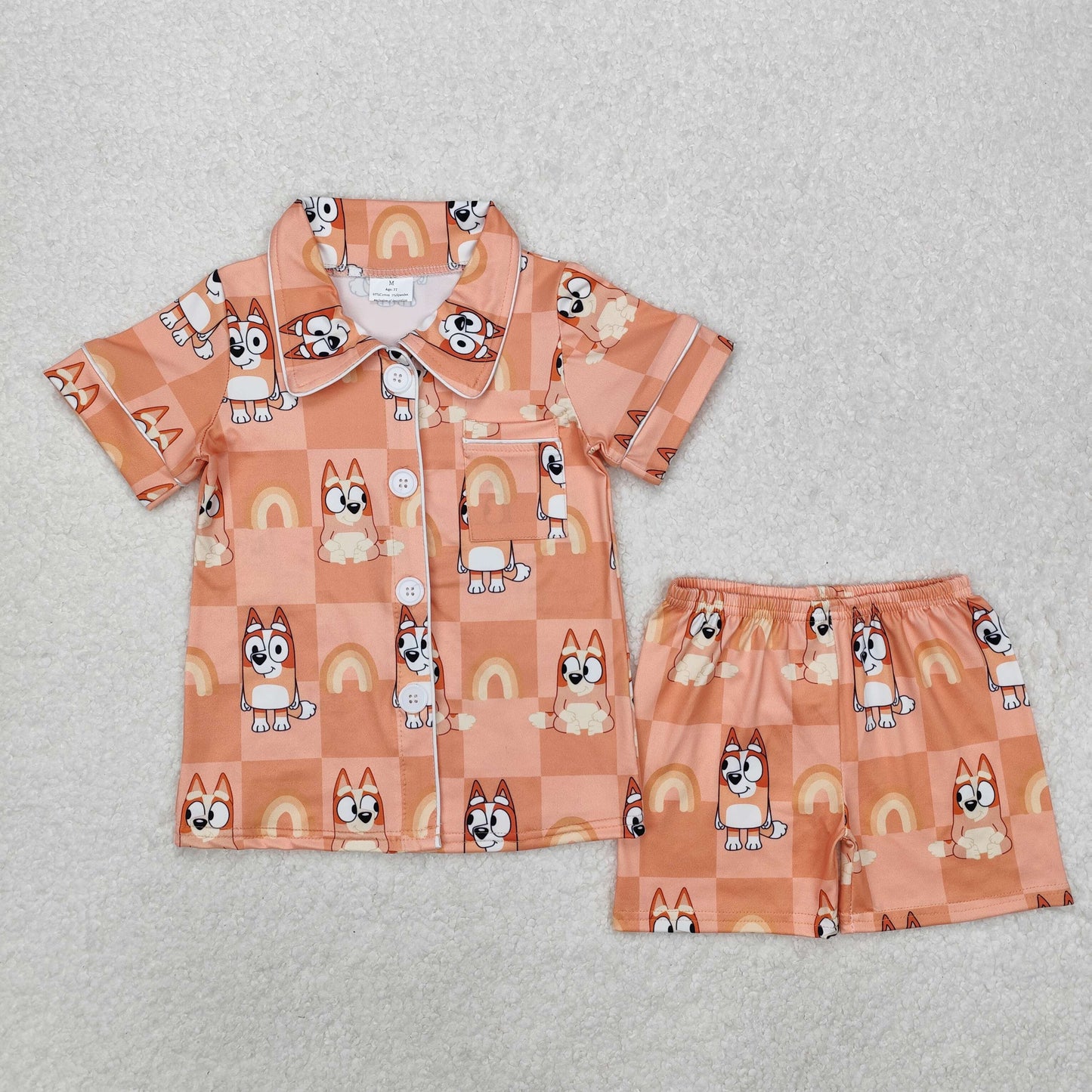 GSSO1801   Baby Girls Dogs Checkered Rainbow Buttons Shirts Shorts Pajamas