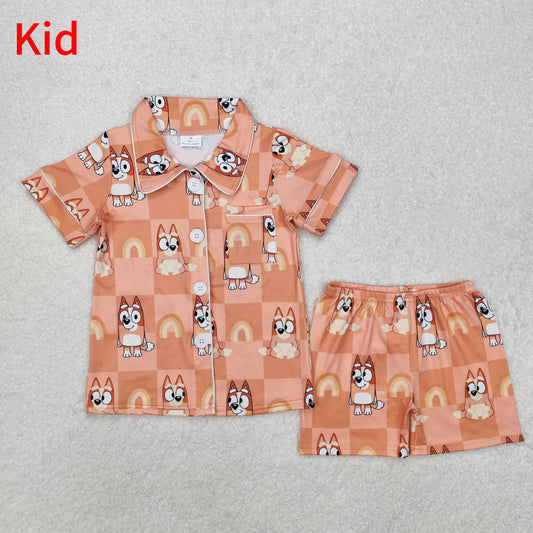 GSSO1801 Baby Girls Dogs Checkered Rainbow Buttons Shirts Shorts Pajamas