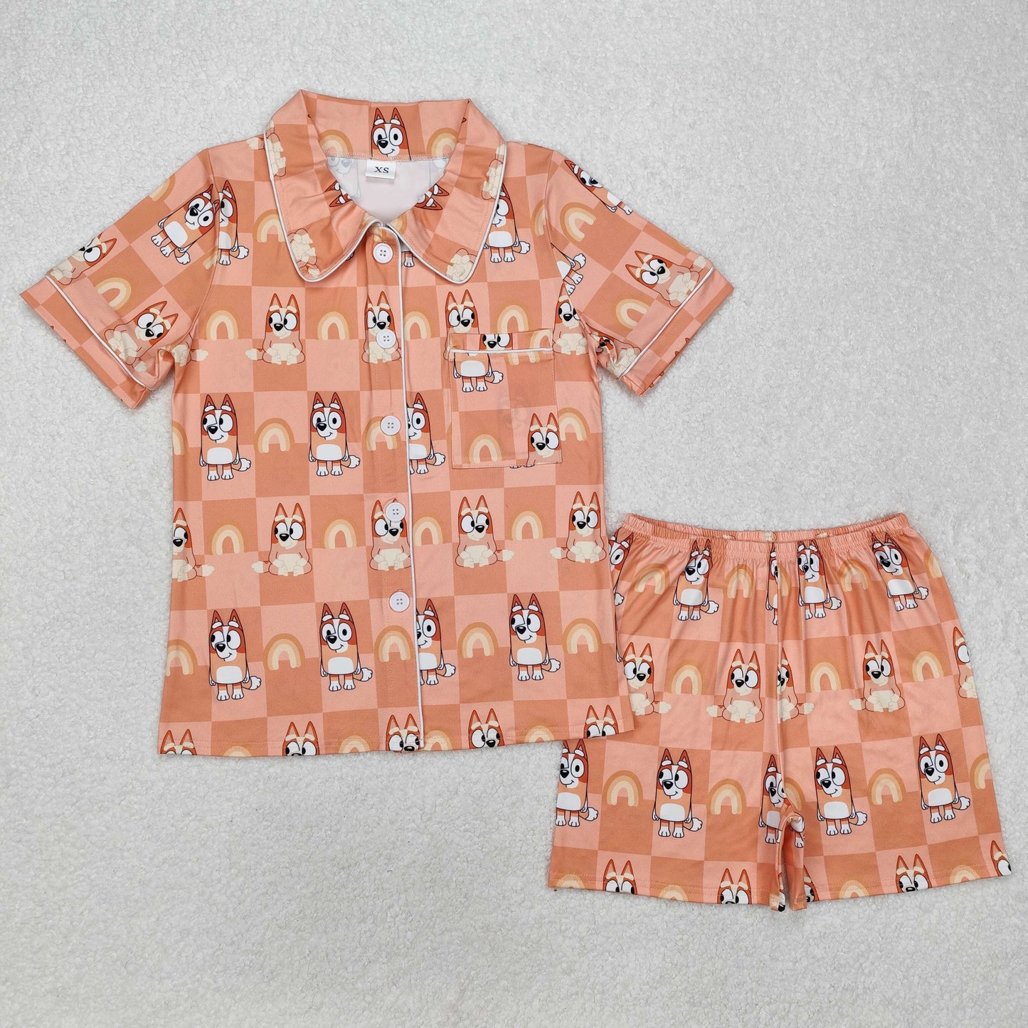 GSSO1804 Adult Women Dogs Checkered Rainbow Buttons Tops Shorts Pajamas