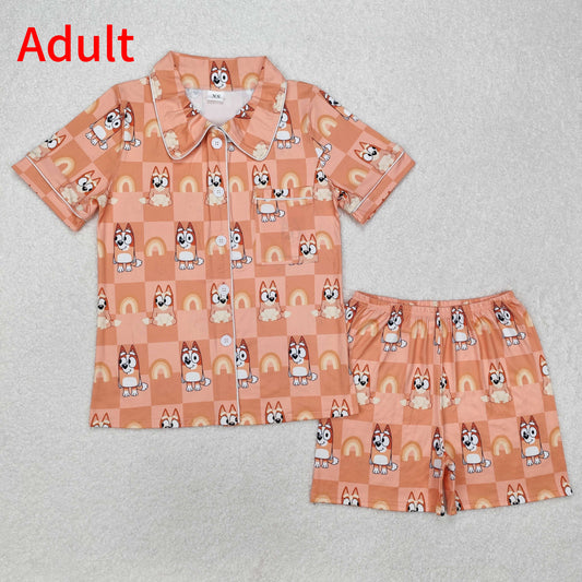 GSSO1804 Adult Women Dogs Checkered Rainbow Buttons Tops Shorts Pajamas