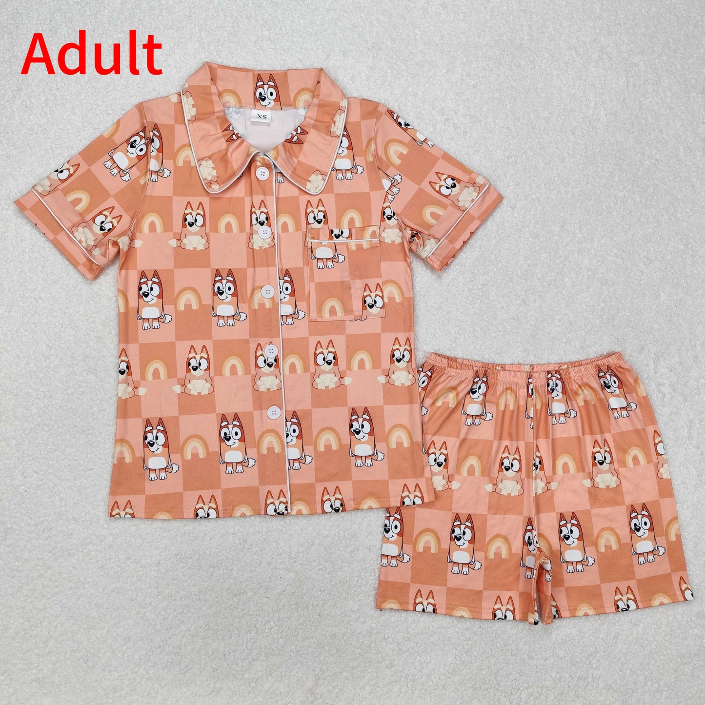 GSSO1804 Adult Women Dogs Checkered Rainbow Buttons Tops Shorts Pajamas