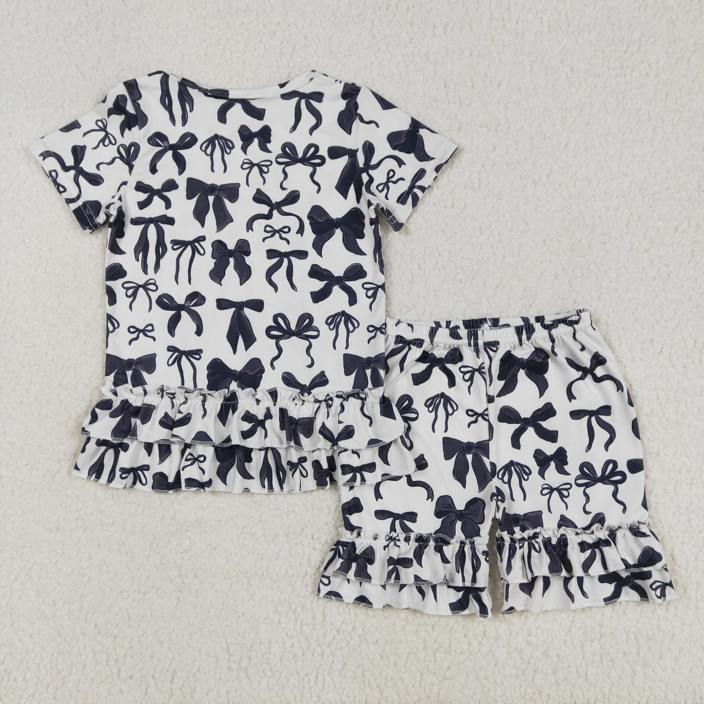 GSSO1852 Baby Girls Black Bows Shirts Ruffle Shorts Clothes Sets