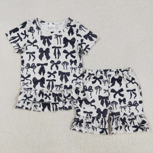 GSSO1852 Baby Girls Black Bows Shirts Ruffle Shorts Clothes Sets