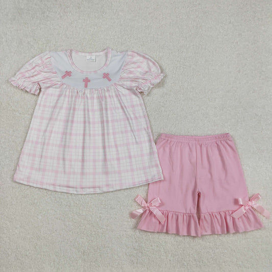 GSSO1855 Baby Girls Pink Checkered Easter Cross Tunic Ruffle Shorts Clothes Sets