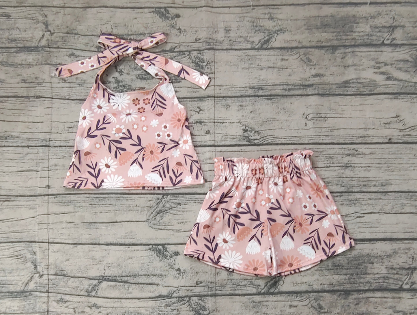 GSSO1870 Baby Girls Floral Halter Top Elastic Shorts Clothes Sets   D 3.6