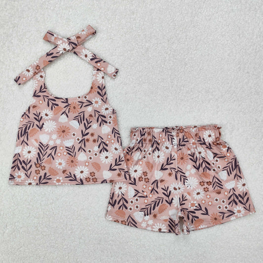 GSSO1870 Baby Girls Floral Halter Top Elastic Shorts Clothes Sets   D 3.6