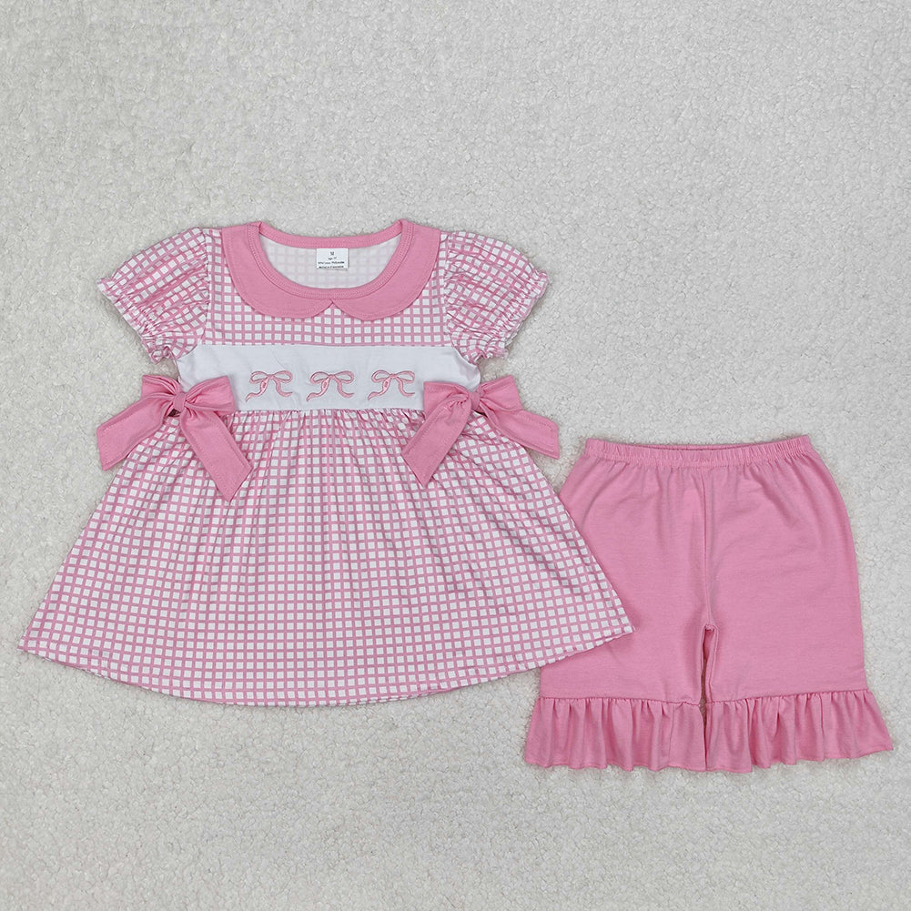 GSSO1879 Embroidery pink gingham coquette shorts set