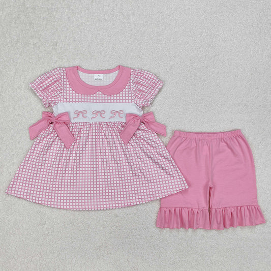 GSSO1879 Embroidery Baby Girls Pink Checkered Bows Tunic Ruffle Shorts Clothes Sets D 3.13