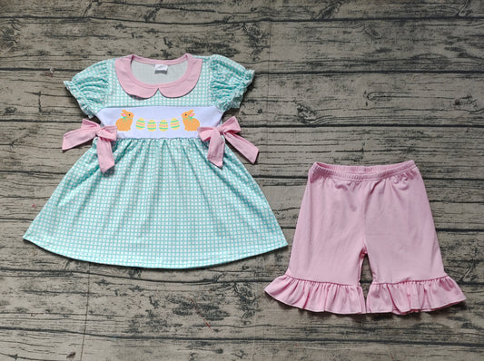 presale GSSO1882 Easter Bunny Egg Pink Bow Doll Collar Plaid Short Sleeve Shorts Set D 2.18