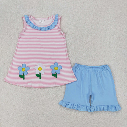 GSSO1895  Embroidery Baby Girls Pink Stripes Flowers Tunic Ruffle Shorts Clothes Sets D 3.27