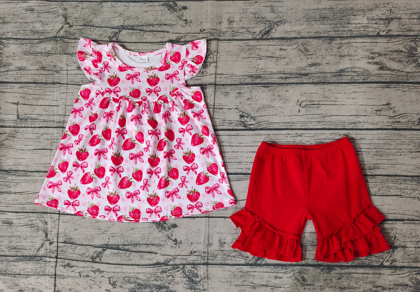 GSSO1902 Baby Girls Strawberry Bows Tunic Ruffle Shorts Clothes Sets D 4.8