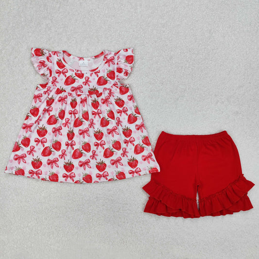 GSSO1902 Baby Girls Strawberry Bows Tunic Ruffle Shorts Clothes Sets D 4.8
