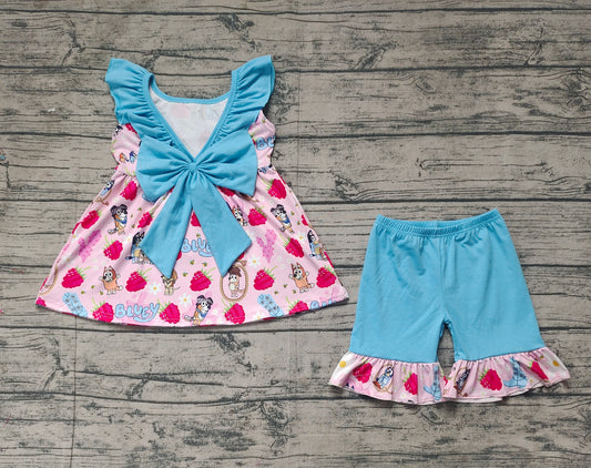 presale GSSO1904  Baby Girls Dogs Strawberry Bows Tunic Ruffle Shorts Clothes Sets  D 2.19