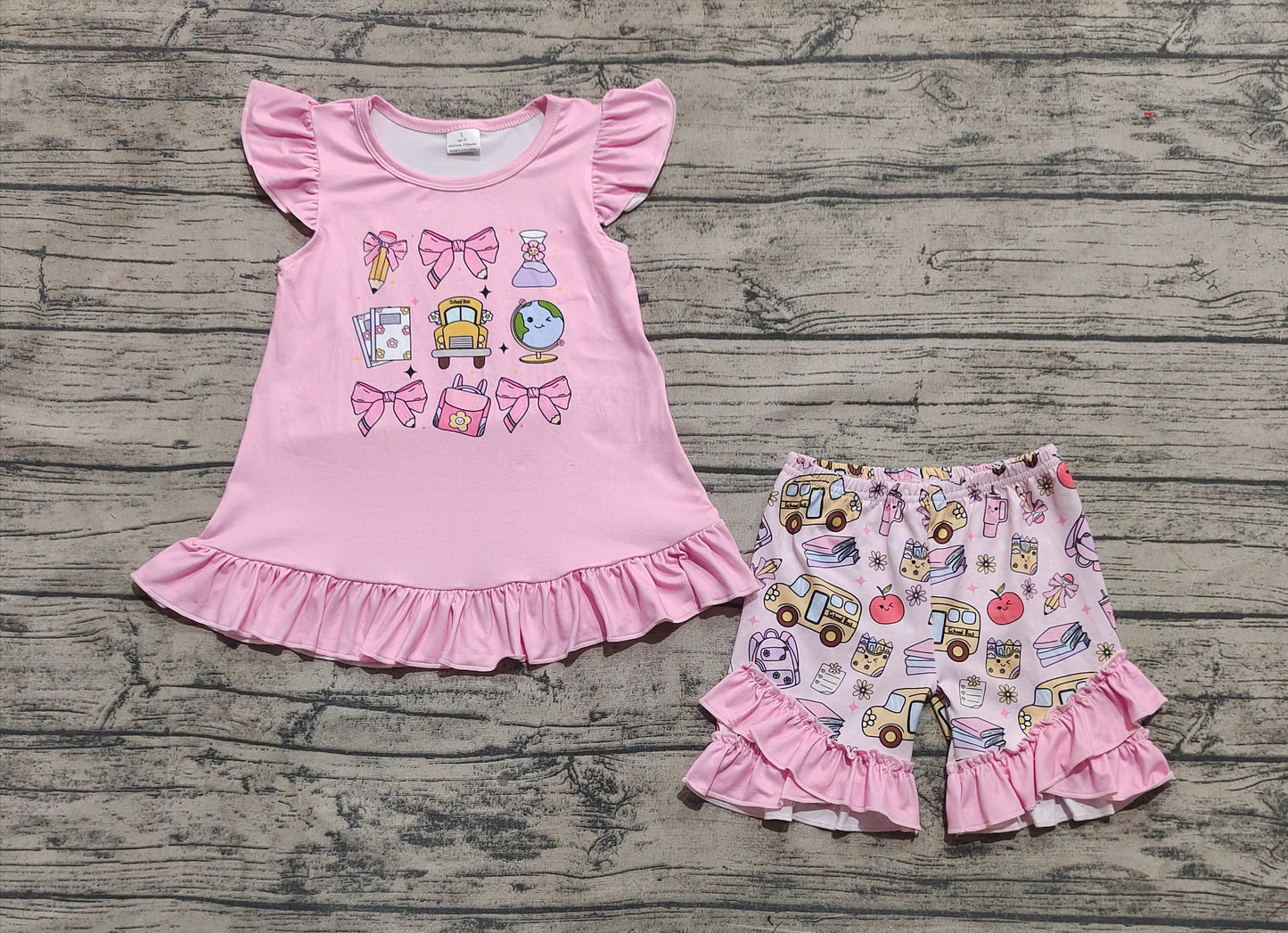 GSSO1910  Back To School Bus Pencil Apple Pink Bow Flying Sleeve Shorts Set D 4.4