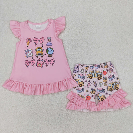 GSSO1910 Back To School Bus Pencil Apple Pink Bow Flying Sleeve Shorts Set D 4.4