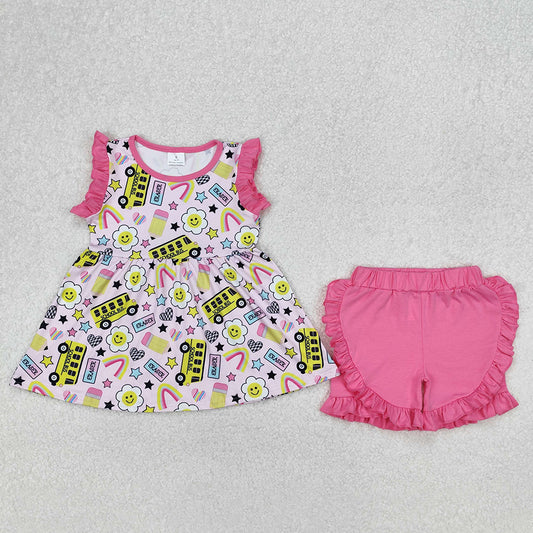 GSSO1912 Baby Girls Bus Back To School Tunic Ruffle Shorts Clothes Sets D 3.14