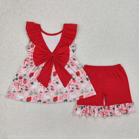 GSSO1914 Baby Girls Strawberry Bows Tunic Ruffle Shorts Clothes Sets D 3.10