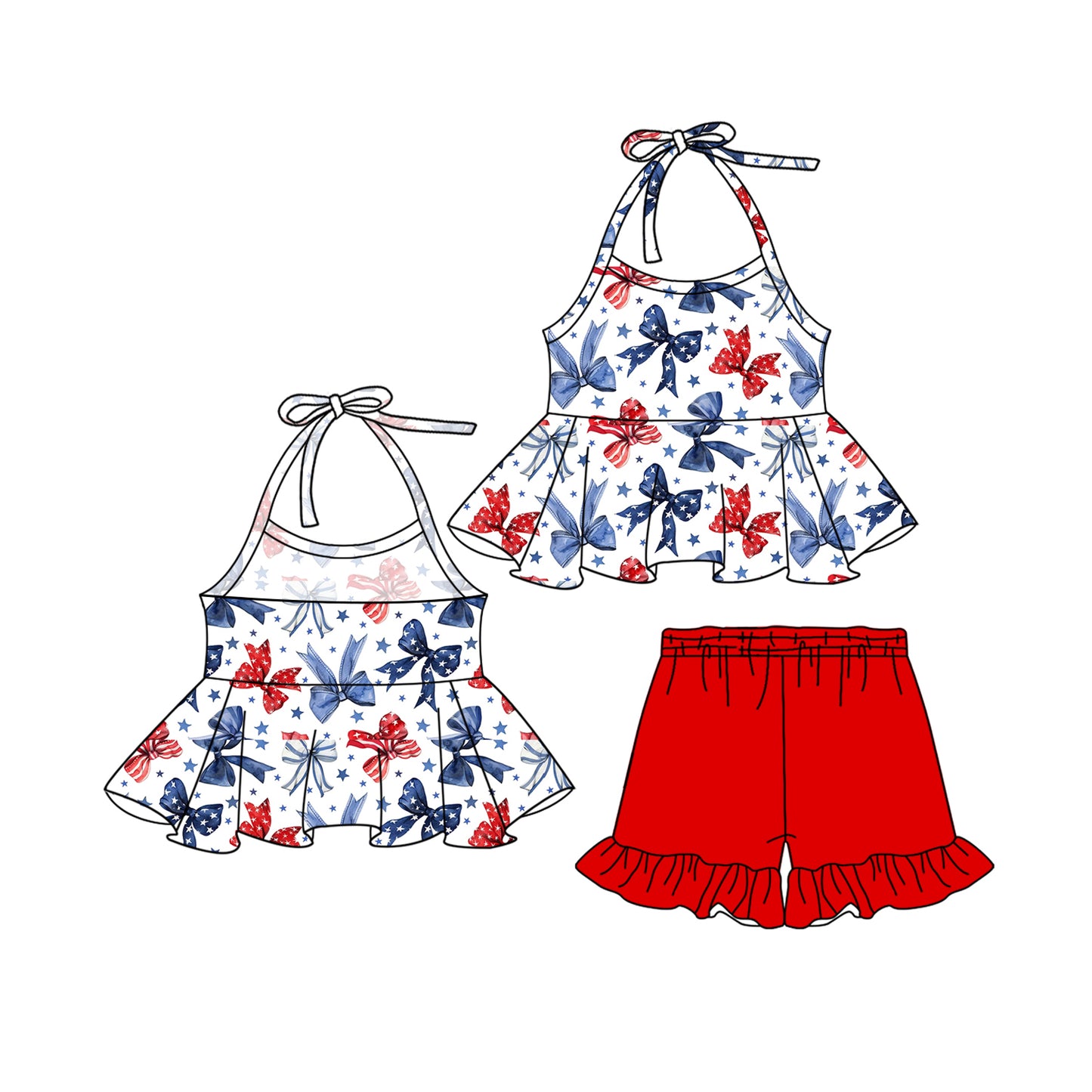 GSSO1928 National Day Bow Pattern White Suspenders Red Shorts Set D 3.14