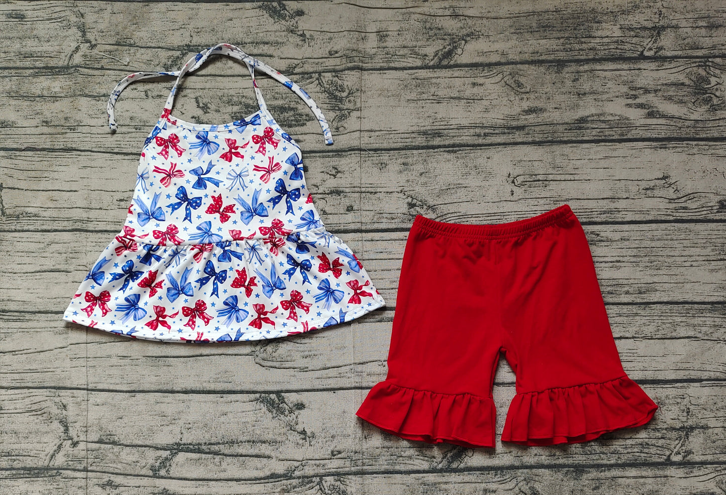 GSSO1928 National Day Bow Pattern White Suspenders Red Shorts Set D 3.14
