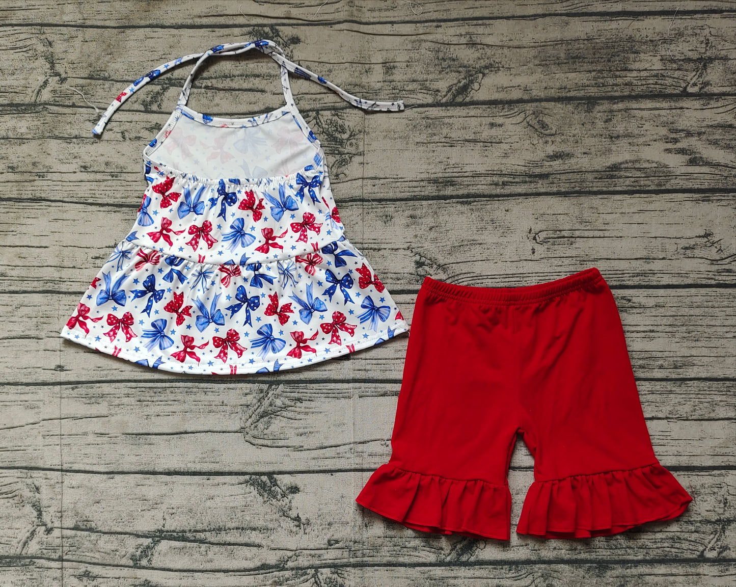 GSSO1928 National Day Bow Pattern White Suspenders Red Shorts Set D 3.14