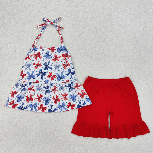 GSSO1928 National Day Bow Pattern White Suspenders Red Shorts Set D 3.14