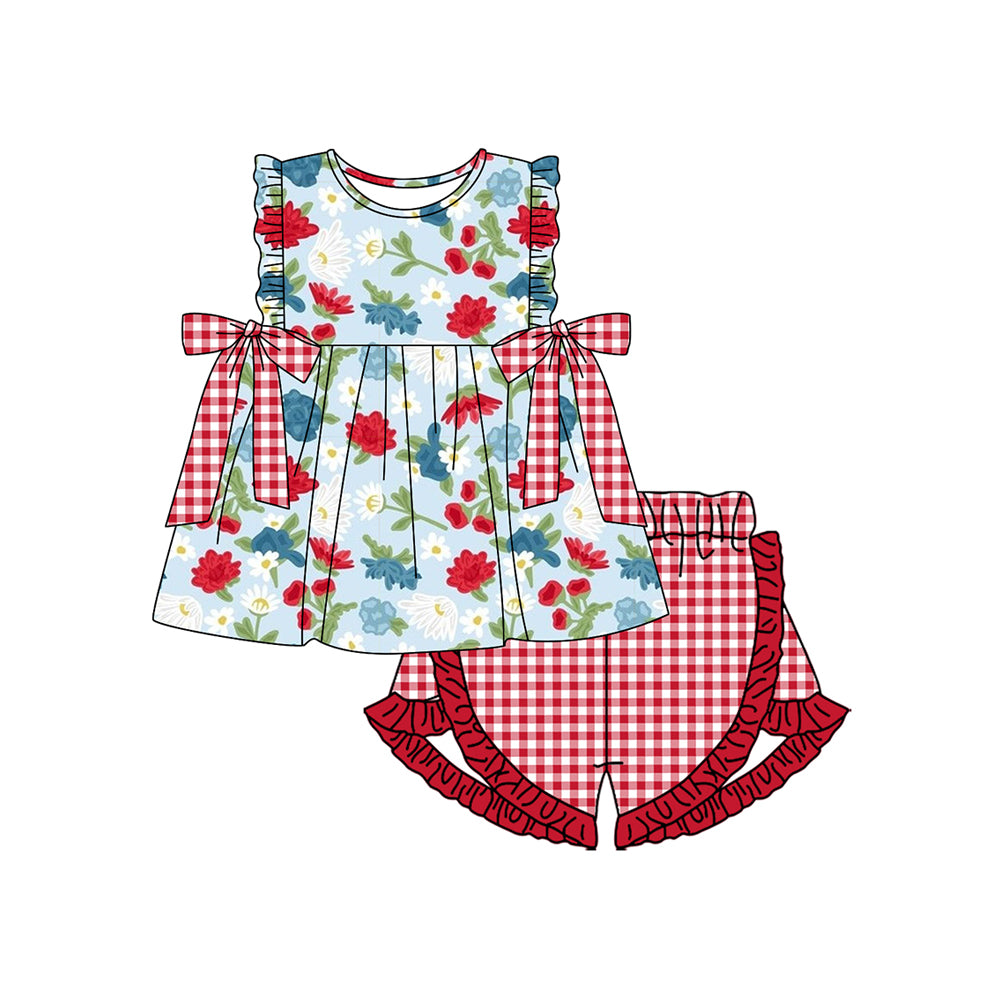 GSSO1930  Baby Girls Navy Flowers Bows Tunic Ruffle Shorts Clothes Sets  D 3.18
