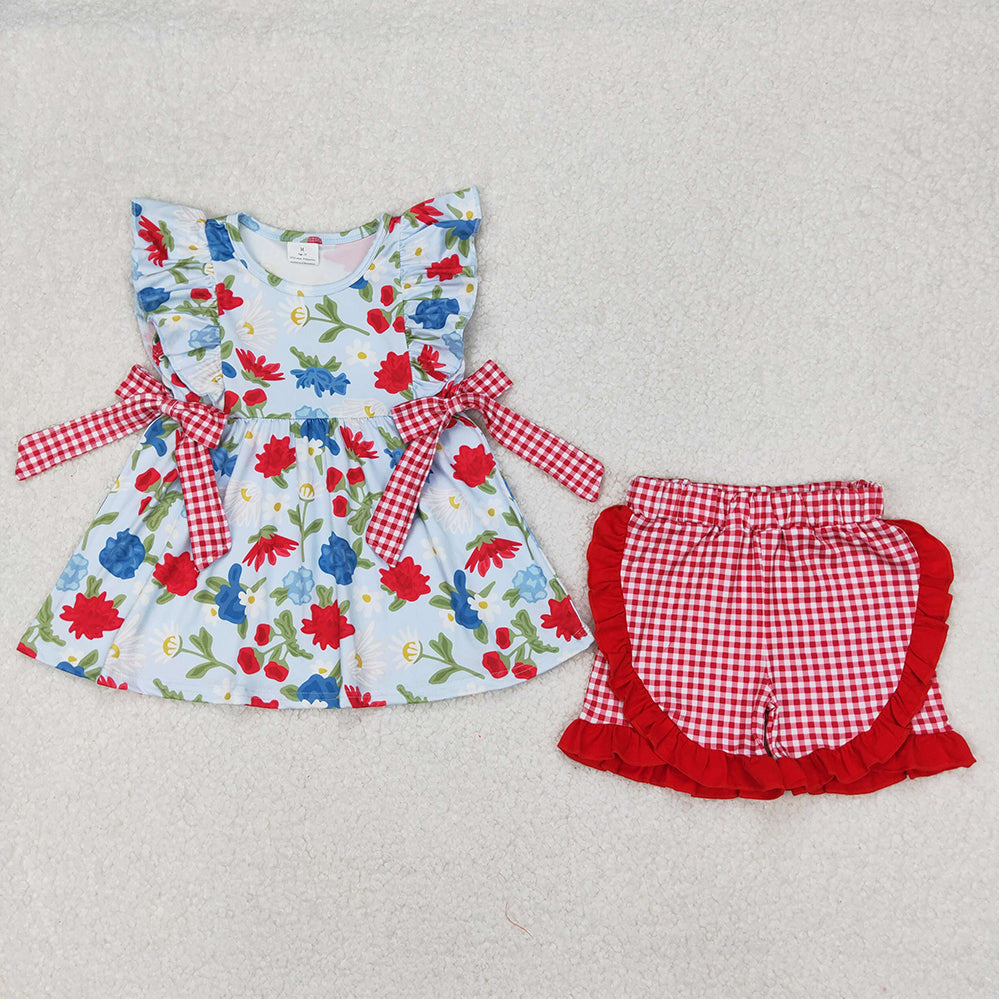 GSSO1930  Baby Girls Navy Flowers Bows Tunic Ruffle Shorts Clothes Sets  D 3.18