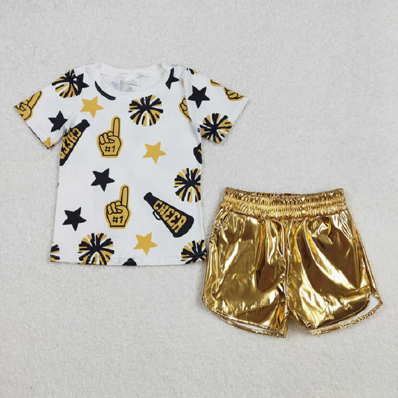 Sibling Baby Girls Cheer Team Shirts Top Leather Shorts Summer Clothes Sets