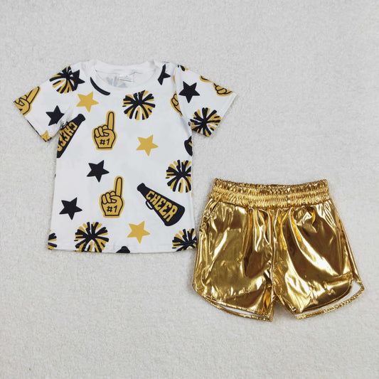 GSSO1936 Baby Girls Cheer Golden Team Tops Leather Shorts Clothes Sets