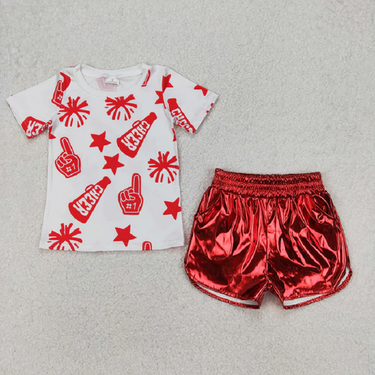 GSSO1937 Baby Girls Cheer Red Team Tops Leather Shorts Clothes Sets D 4.7