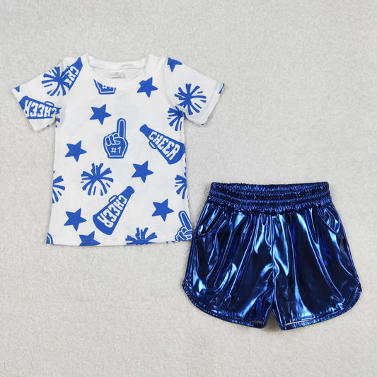 GSSO1938 Baby Girls Cheer Blue Team Tops Leather Shorts Clothes Sets