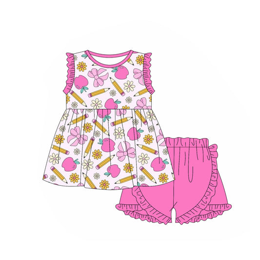 presale GSSO1939  Baby Girls Back To School Apples Bows Tunic Shorts Clothes Sets 2025 1.3