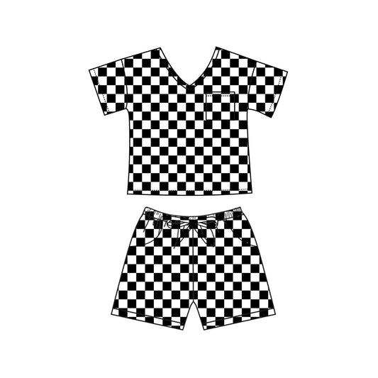 presale GSSO1941 Adult women black and white plaid short-sleeved shorts suit 2025 1.4