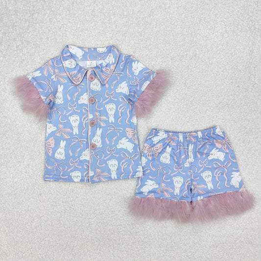 GSSO1946 Easter bunny bow pattern pink plush trim blue short sleeve shorts pajama set D 3.10