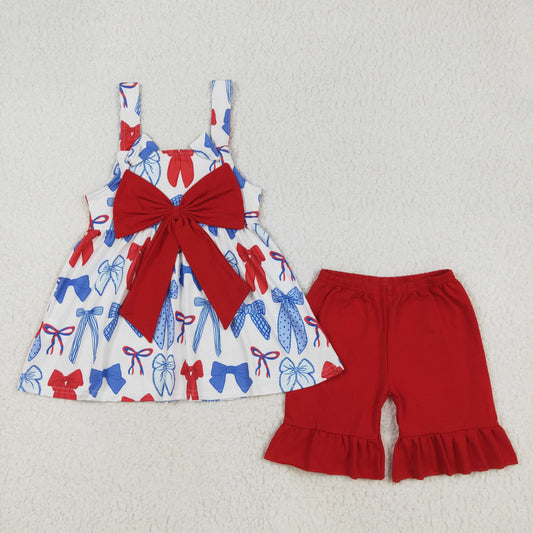 GSSO1952 National Day Bow Pattern Red Lace Sleeveless Shorts Set