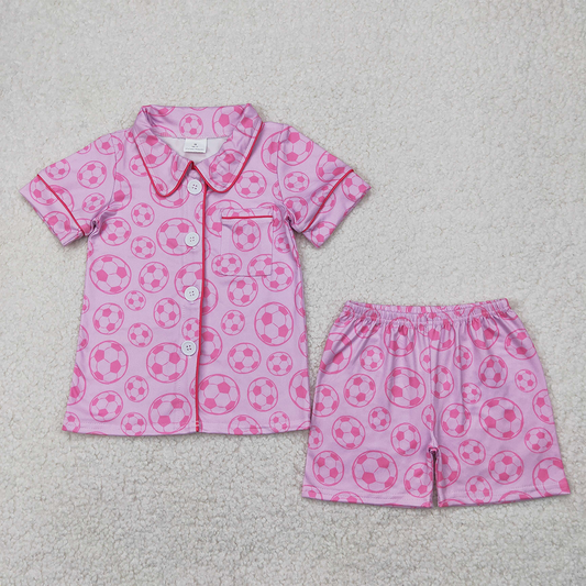 GSSO1957 Baby Girls Pink Soccer Buttons Shirt Shorts Pajamas Clothes Sets  D 4.8