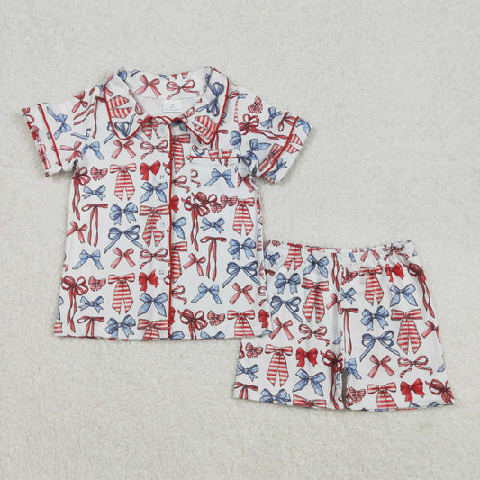 GSSO1966 Baby Girls 4th Of July Bows Buttons Shirt Shorts Clothes Sets D 3.1