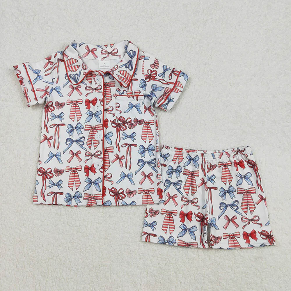 Sibling Baby Girls Bows Button Top Short 4th Of July Pajamas Sets D 7.8