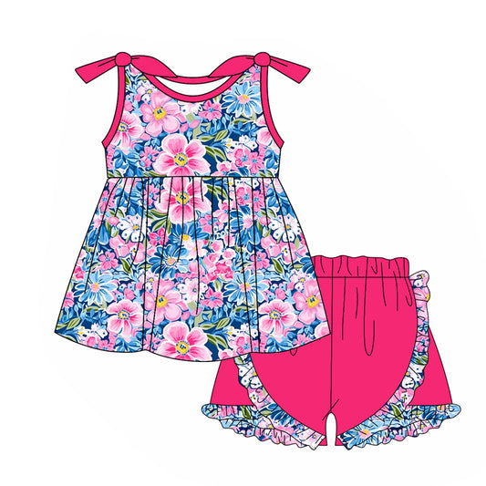 presale GSSO1970  Powder blue flower leaves rose red sleeveless shorts suit  2025 1.8