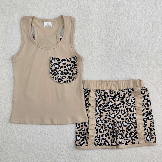 GSSO1979  Baby Girls Khaki Pocket Bow Vest Ruffle Leopard Shorts Sets  D 3.3