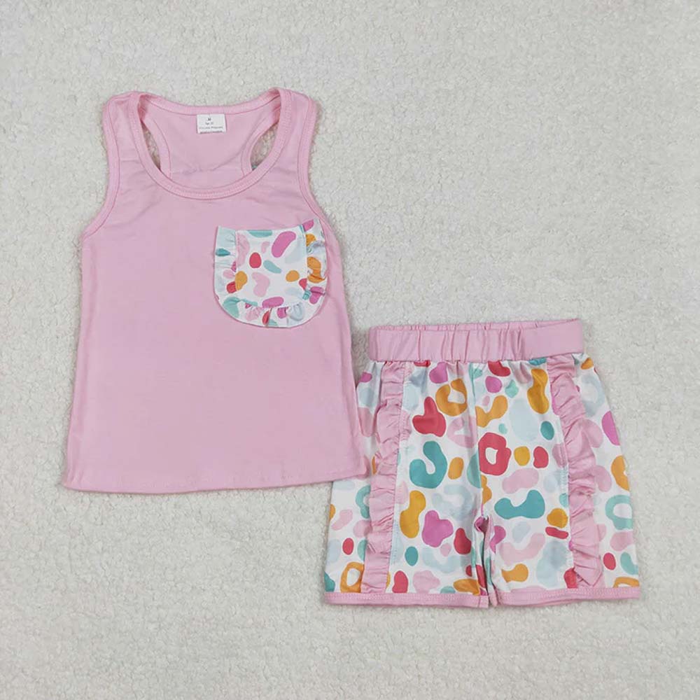 Sibling Baby Girls Sleeveless Colorful Leopard Camo Bow Vest Top Ruffle Shorts Set D 6.28