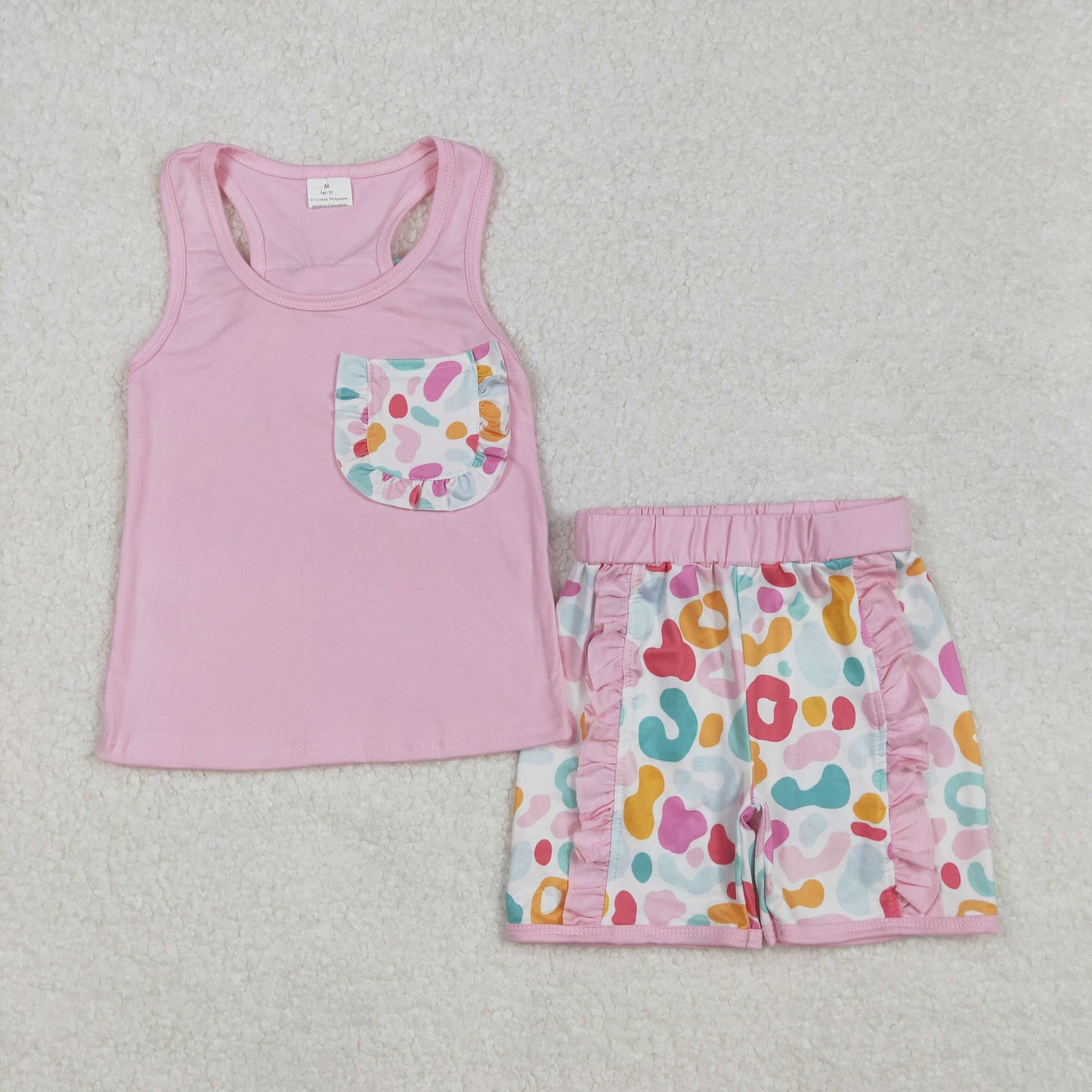 GSSO1981  Baby Girls Pink Pocket Bow Vest Ruffle Leopard Shorts Sets  D 3.1