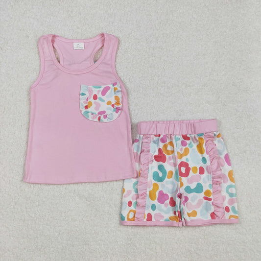 GSSO1981  Baby Girls Pink Pocket Bow Vest Ruffle Leopard Shorts Sets  D 3.1