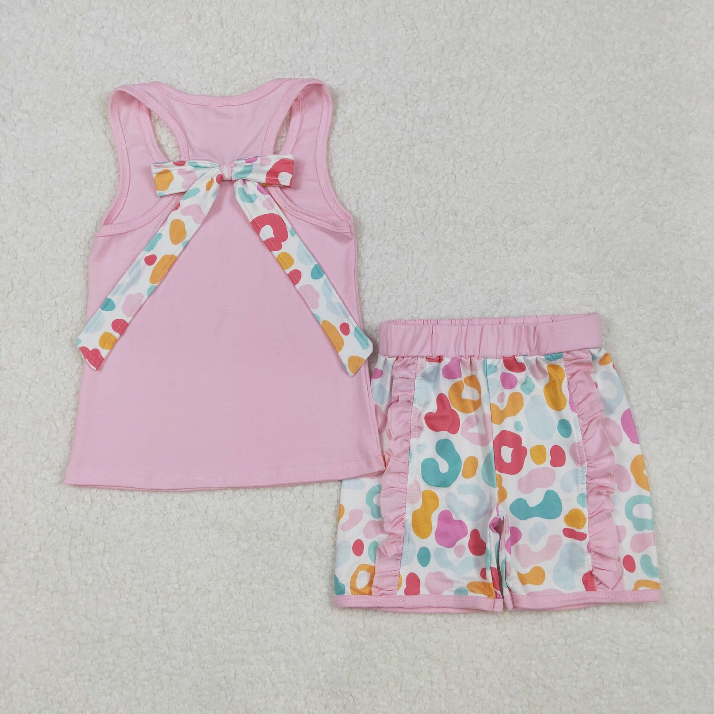 GSSO1981  Baby Girls Pink Pocket Bow Vest Ruffle Leopard Shorts Sets  D 3.1
