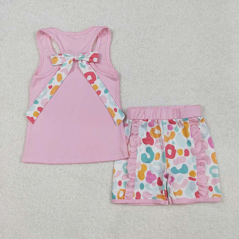 Sibling Baby Girls Sleeveless Colorful Leopard Camo Bow Vest Top Ruffle Shorts Set D 6.28