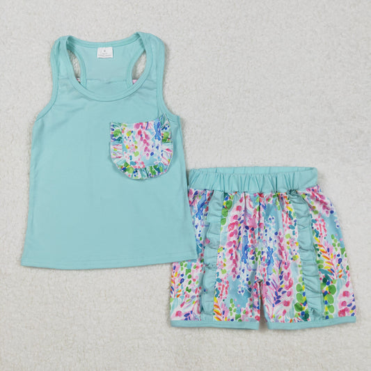 GSSO1982 Baby Girls Aqua Pocket Bow Vest Ruffle Shorts Sets
