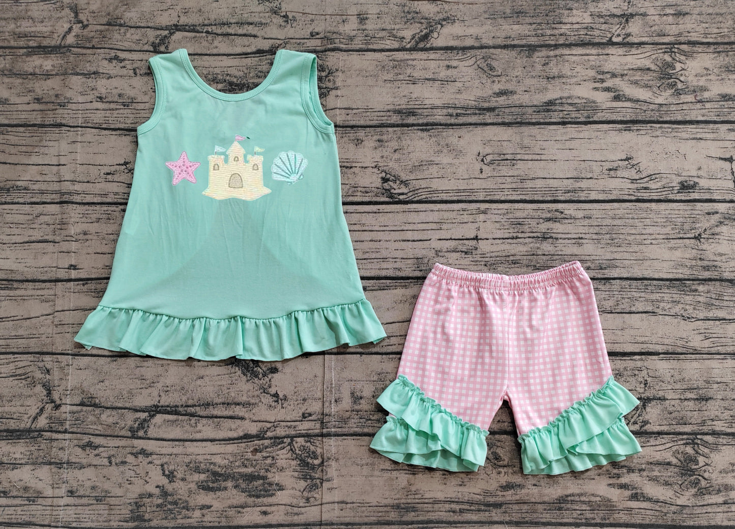 GSSO1983  Embroidery Baby Girls Castle Star Bows Tunic Ruffle Shorts Sets D 3.27